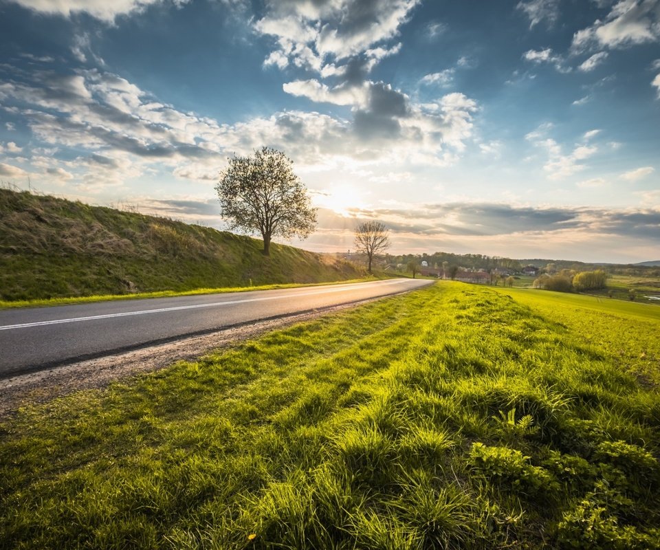 Обои небо, дорога, облака, природа, дерево, пейзаж, the sky, road, clouds, nature, tree, landscape разрешение 1920x1200 Загрузить