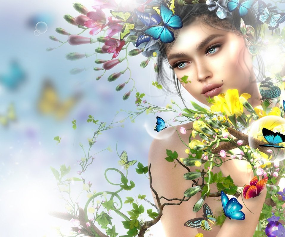 Обои цветы, арт, девушка, взгляд, весна, лицо, бабочки, flowers, art, girl, look, spring, face, butterfly разрешение 2198x1080 Загрузить