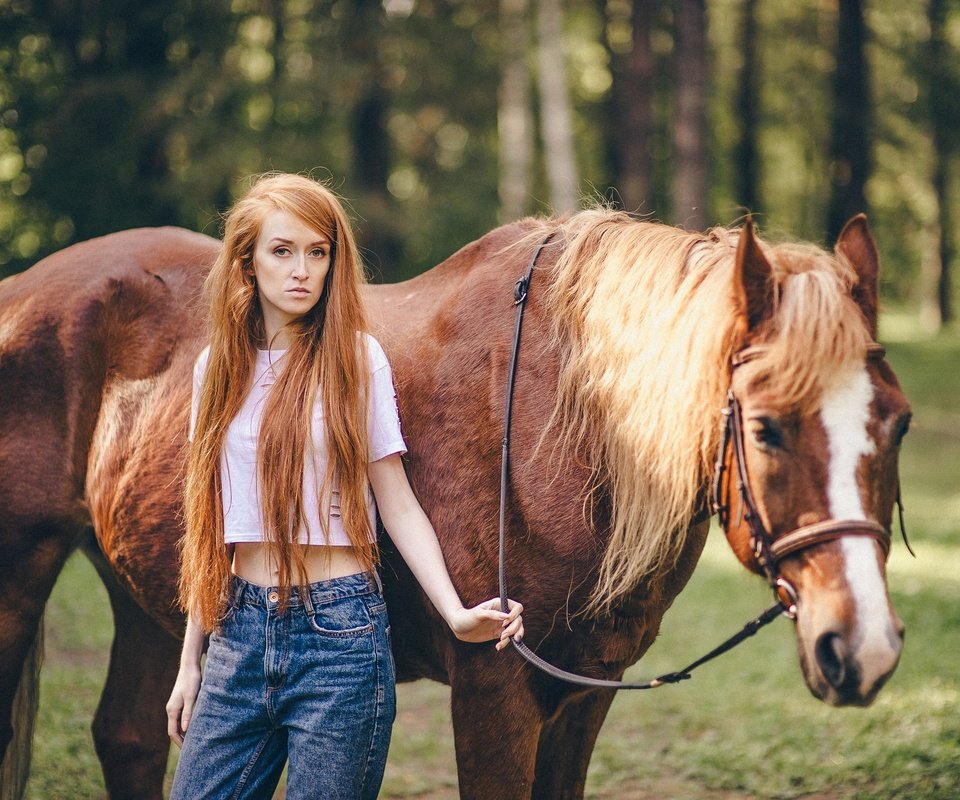 Обои лошадь, прогулка, девушка, конь, грива, лето, взгляд, рыжая, джинсы, волосы, лицо, horse, walk, girl, mane, summer, look, red, jeans, hair, face разрешение 2048x1363 Загрузить