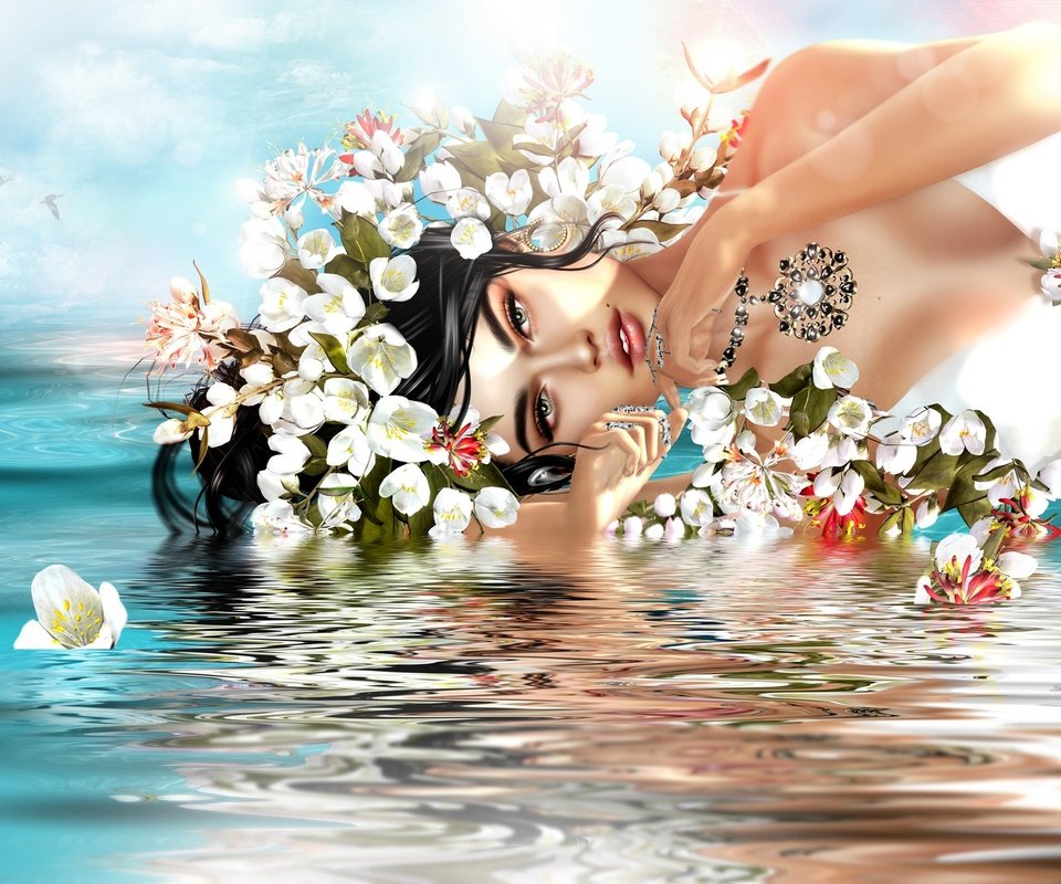 Обои цветы, вода, девушка, взгляд, волосы, лицо, flowers, water, girl, look, hair, face разрешение 2048x1162 Загрузить