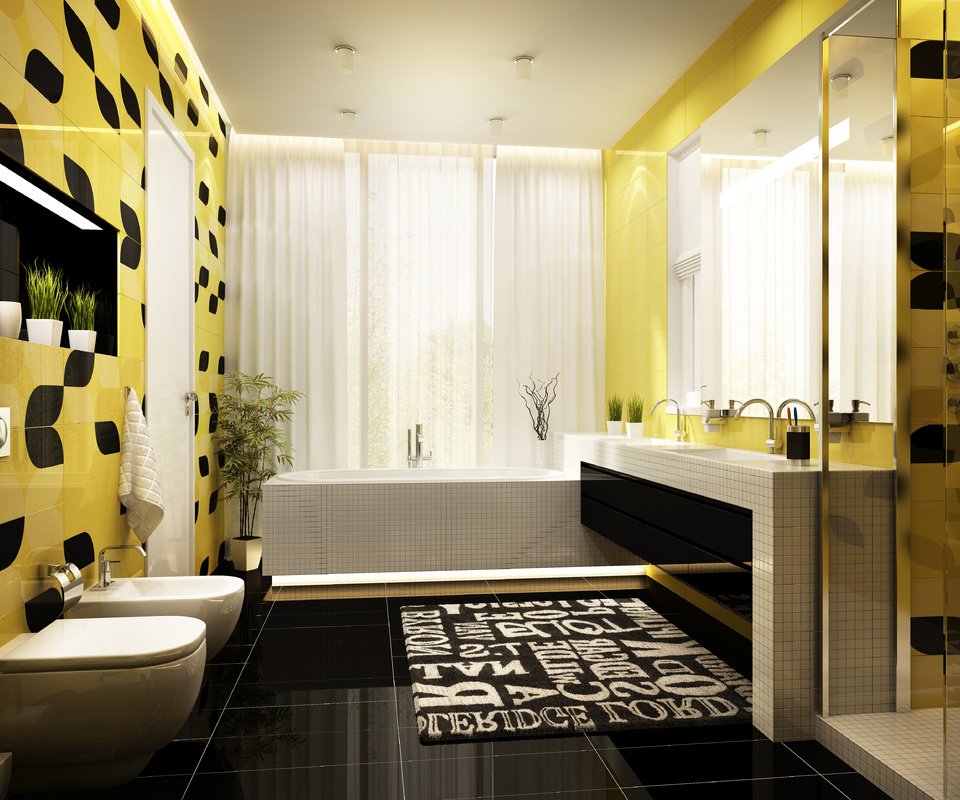 Обои желтый, интерьер, дизайн, черный, ванна, ванная, yellow, interior, design, black, bath, bathroom разрешение 5000x3846 Загрузить