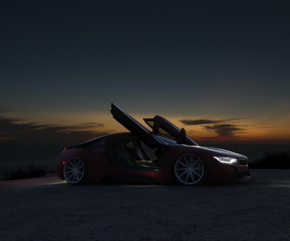 Обои ночь, красная, спорткар, бмв, bmw i8, night, red, sports car, bmw разрешение 5708x3808 Загрузить