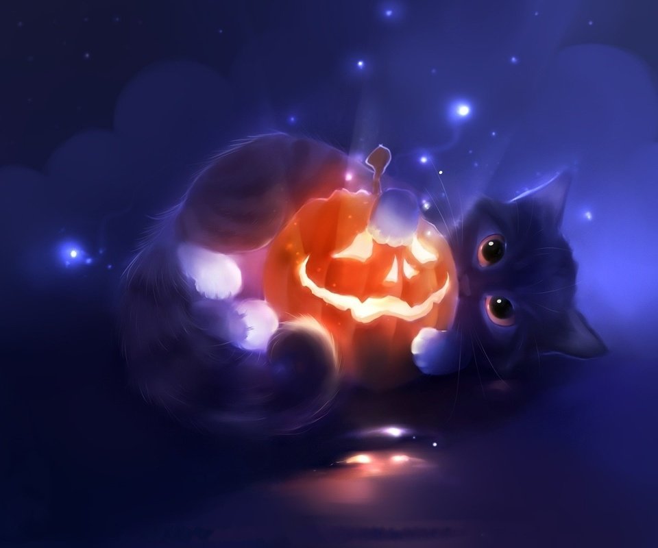 Обои арт, кот, мордочка, кошка, котенок, хеллоуин, тыква, art, cat, muzzle, kitty, halloween, pumpkin разрешение 1920x1080 Загрузить