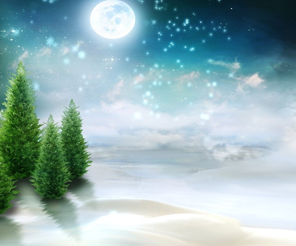 Обои рисунок, деревья, снег, природа, луна, ели, figure, trees, snow, nature, the moon, ate разрешение 2560x1600 Загрузить