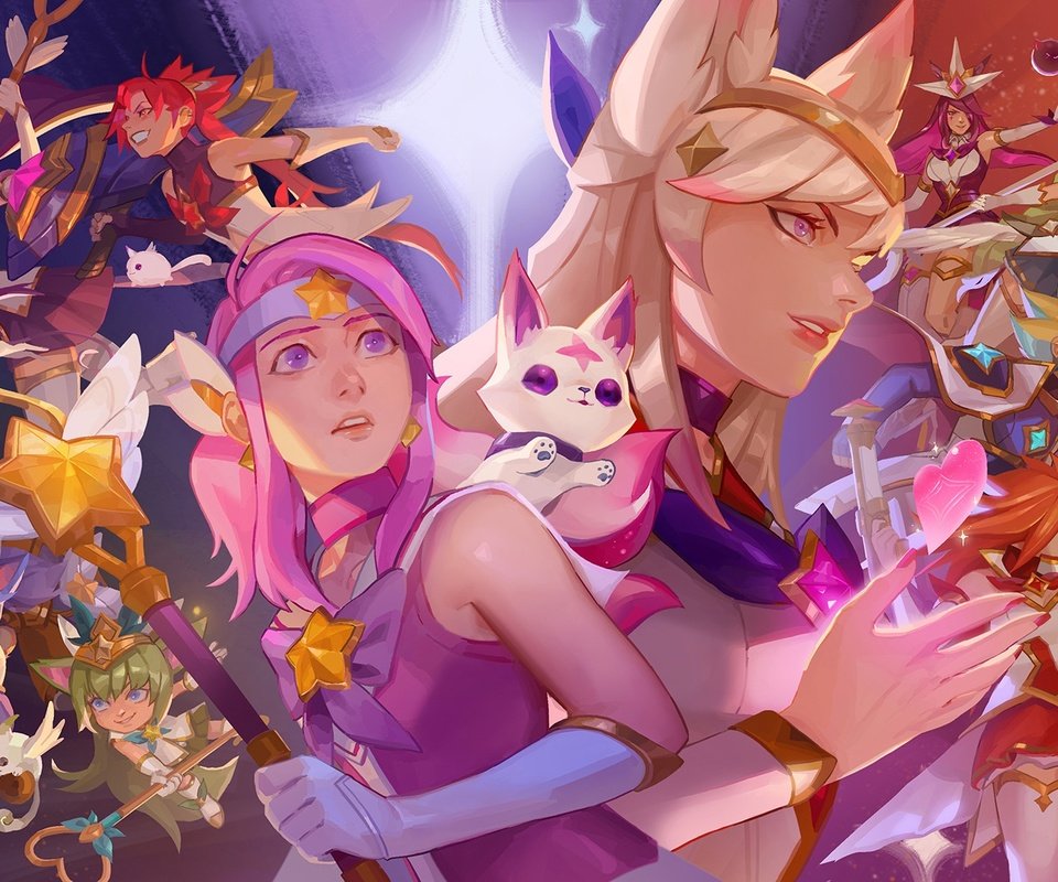 Обои lux, lulu, poppy, syndra, miss fortune, ahri, лига легенд, janna, jinx, soraka, ezreal, star guardians, league of legends, soraka is разрешение 1920x1080 Загрузить