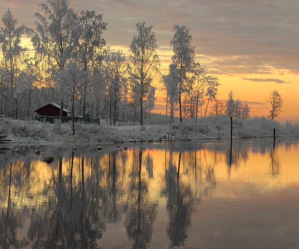 Обои деревья, река, снег, зима, закат солнца, швеция, trees, river, snow, winter, sunset, sweden разрешение 5120x2880 Загрузить