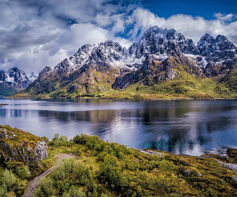 Обои дорога, горы, норвегия, лофотенские острова, фьорд, нурланн, road, mountains, norway, the lofoten islands, the fjord, nordland разрешение 2610x1250 Загрузить