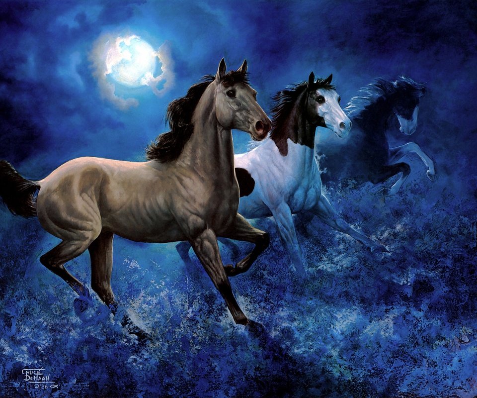 Обои небо, арт, ночь, луна, лошади, кони, бег, the sky, art, night, the moon, horse, horses, running разрешение 2948x2241 Загрузить