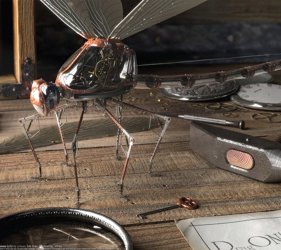 Обои стол, ключ, стрекоза, denis tolkishevsky, молоток, лупа, механизмы, table, key, dragonfly, hammer, magnifier, mechanisms разрешение 1920x1200 Загрузить