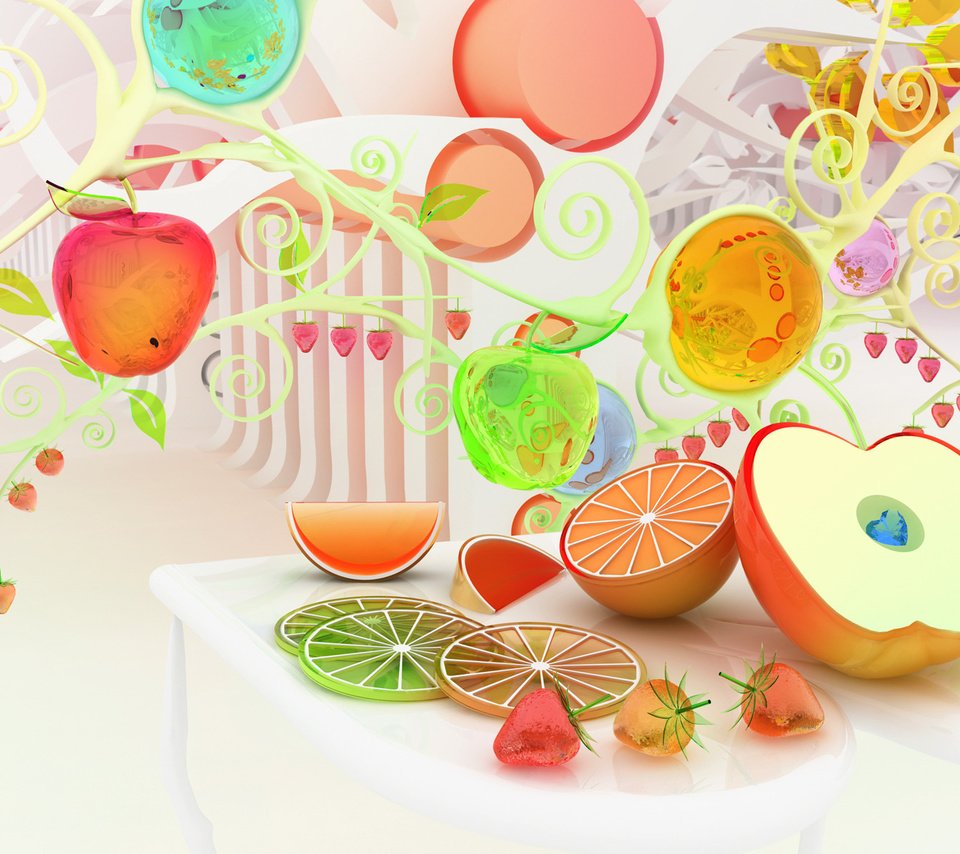 Обои chromatic fruits, разноцветные, фрукты, яблоки, апельсины, клубника, яглды, colorful, fruit, apples, oranges, strawberry, apdi разрешение 1920x1200 Загрузить