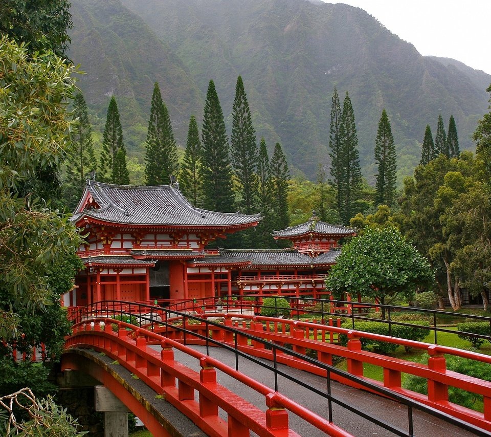 Обои деревья, мост, пагода, япония, trees, bridge, pagoda, japan разрешение 1920x1200 Загрузить