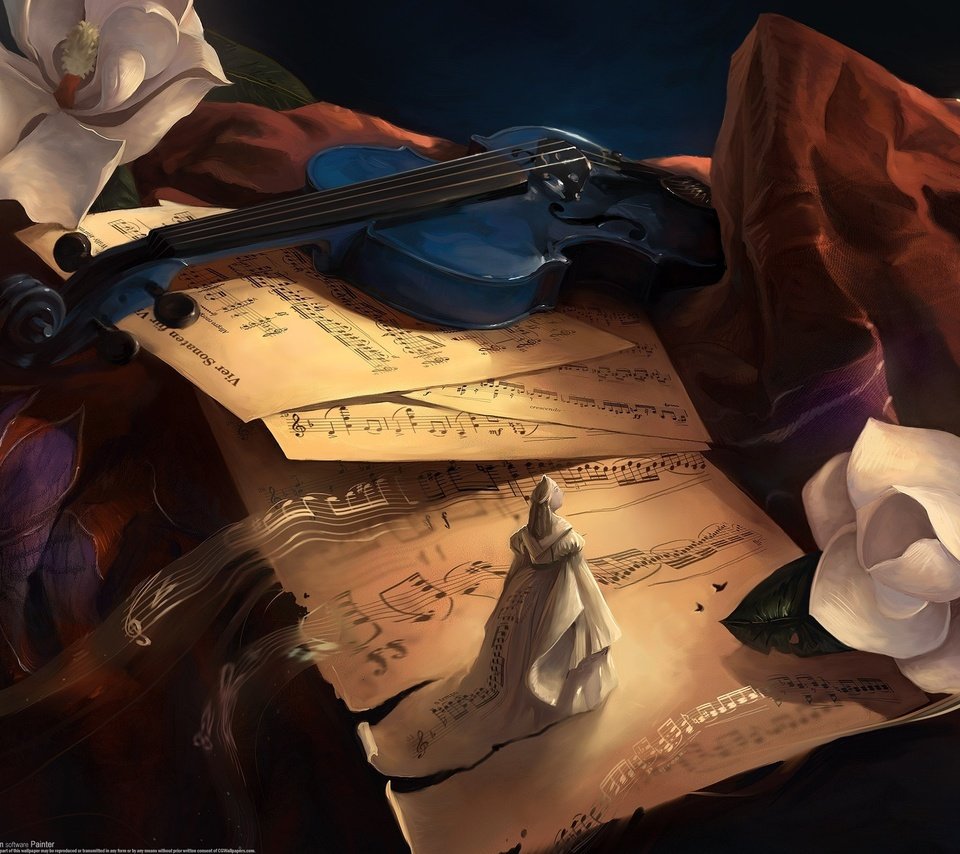 Обои ноты, скрипка, музыка, the sound of her, статуэтка, notes, violin, music, figurine разрешение 2560x1600 Загрузить