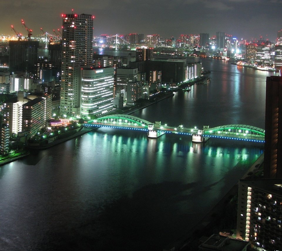 Обои ночь, река, мост, японии, токио, night, river, bridge, japan, tokyo разрешение 5120x1600 Загрузить