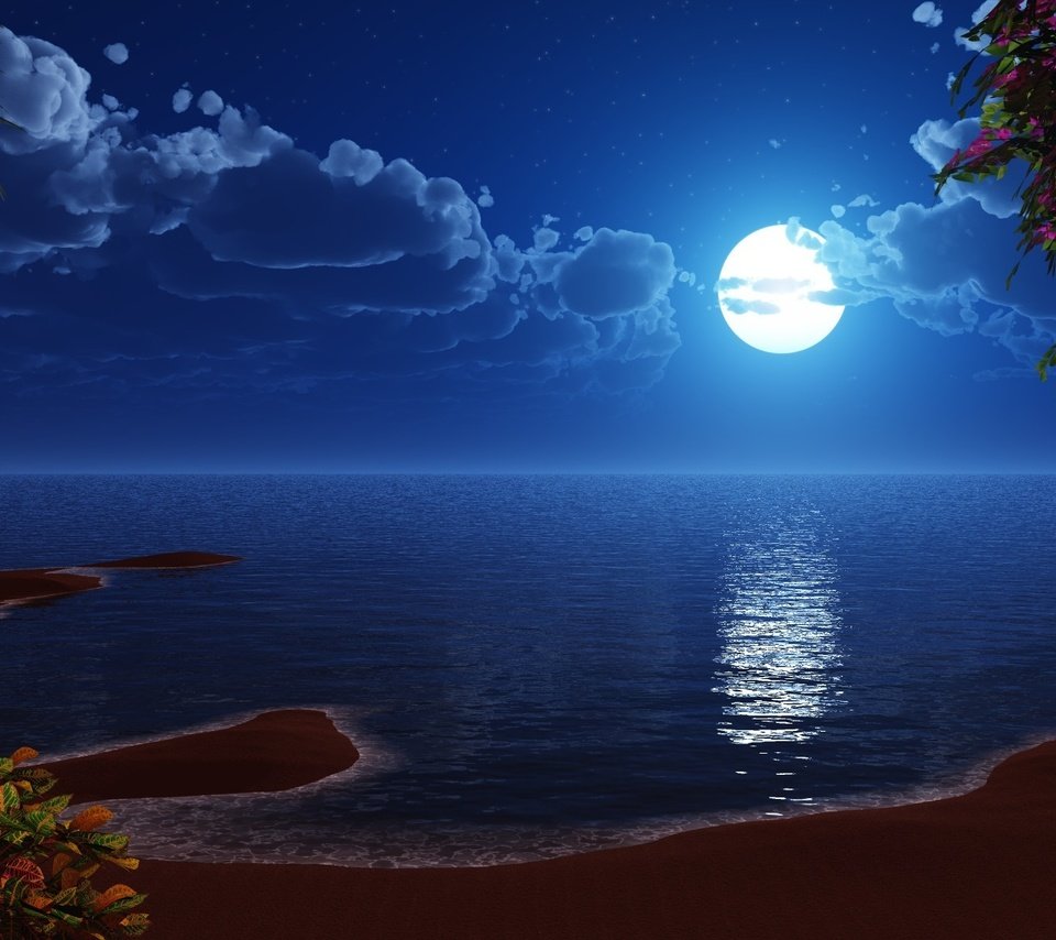 Обои берег, море, луна, рисованый, shore, sea, the moon, drawing разрешение 1920x1200 Загрузить