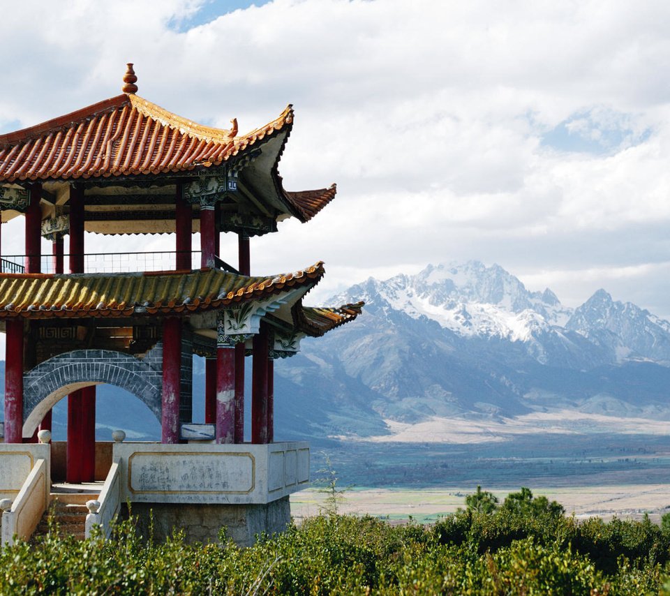 Обои пагода, китай, снежные горы, pagoda, china, snowy mountains разрешение 1920x1080 Загрузить