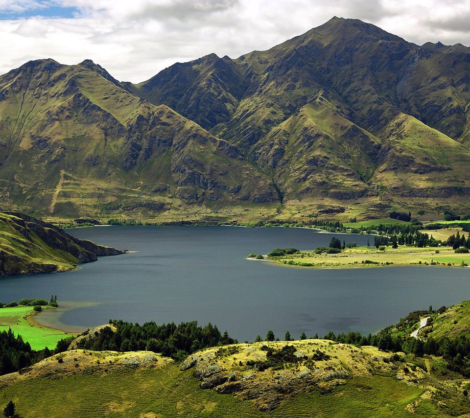 Обои озеро, горы, зелень, новая зеландия, lake, mountains, greens, new zealand разрешение 1920x1200 Загрузить