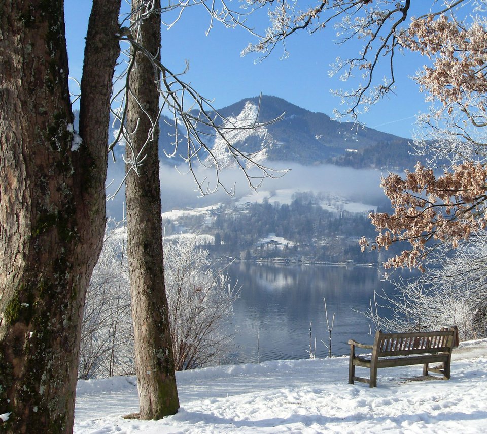 Обои озеро, горы, зима, скамья, lake, mountains, winter, bench разрешение 2048x1536 Загрузить