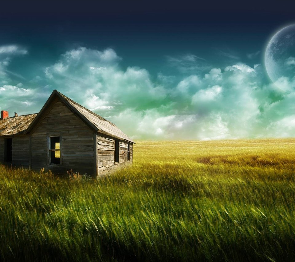 Обои трава, луна, дом, одинокий дом, grass, the moon, house разрешение 1920x1200 Загрузить