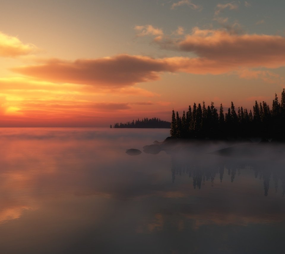 Обои небо, облака, деревья, озеро, закат, туман, горизонт, the sky, clouds, trees, lake, sunset, fog, horizon разрешение 1920x1200 Загрузить