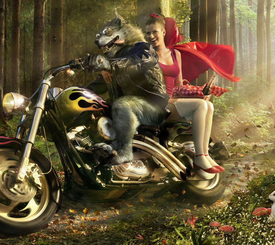 Обои мотоцикл, волк, красная шапочка, motorcycle, wolf, little red riding hood разрешение 2020x1070 Загрузить