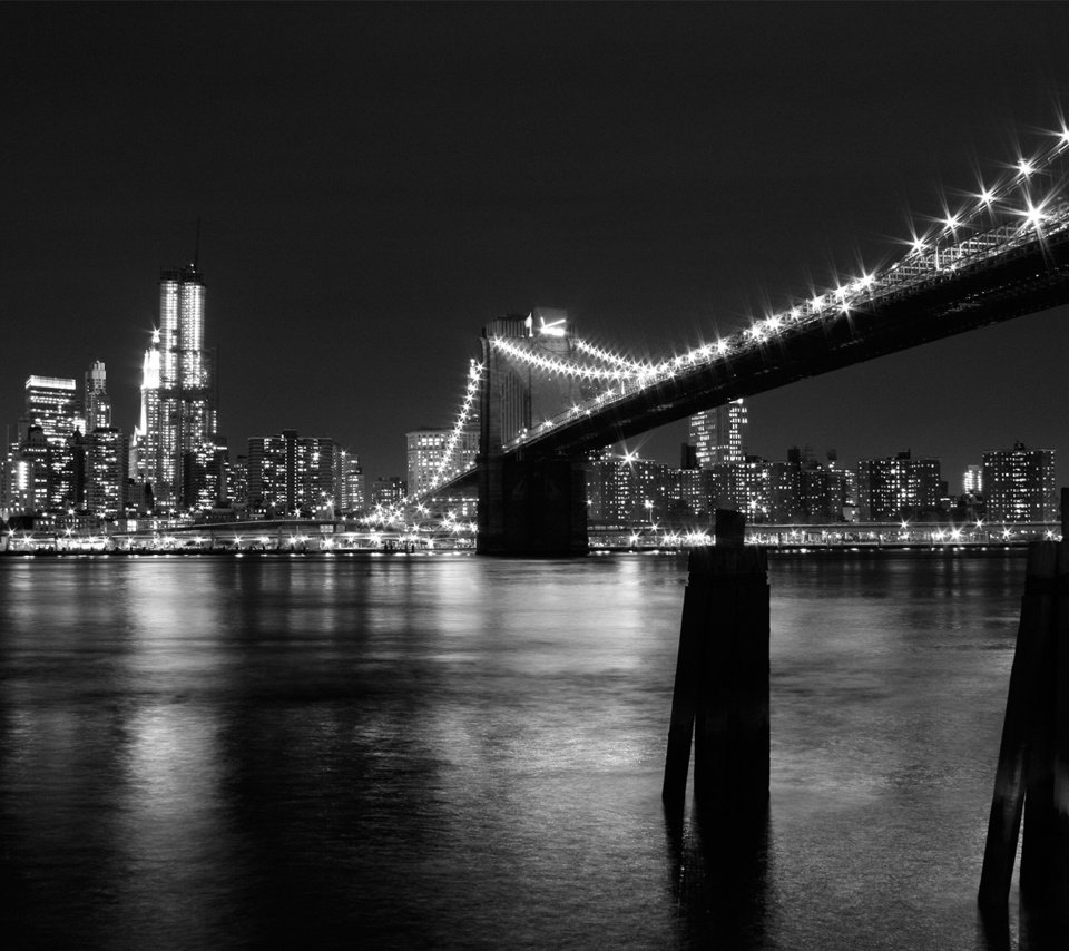 Обои огни, мост, черно-белая, нью-йорк, lights, bridge, black and white, new york разрешение 1920x1200 Загрузить