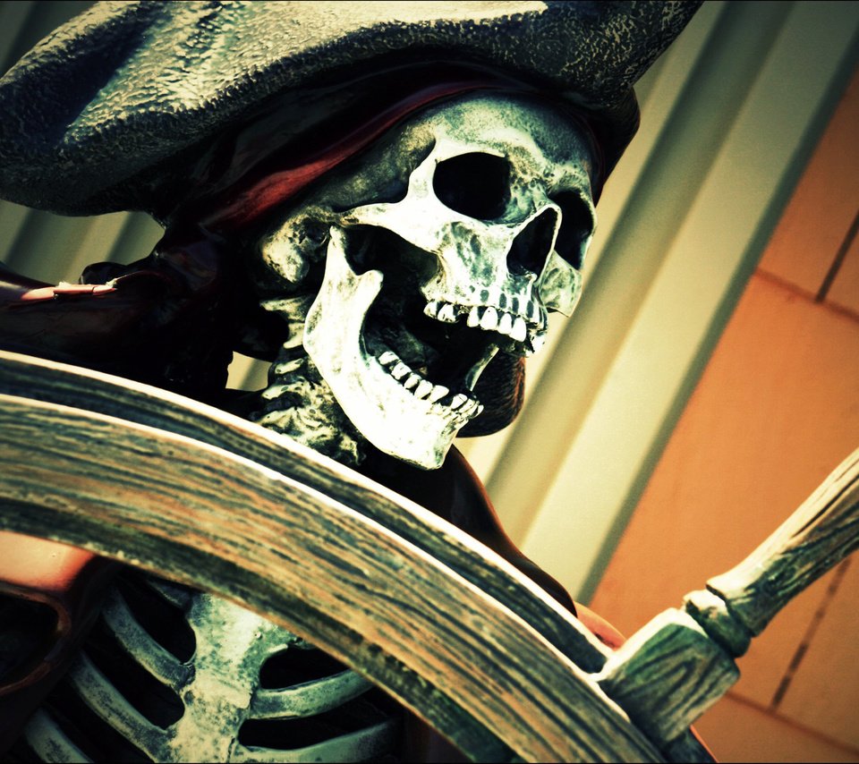 Обои шляпа, скелет, пират, штурвал, челюсть, hat, skeleton, pirate, the wheel, jaw разрешение 2560x1600 Загрузить