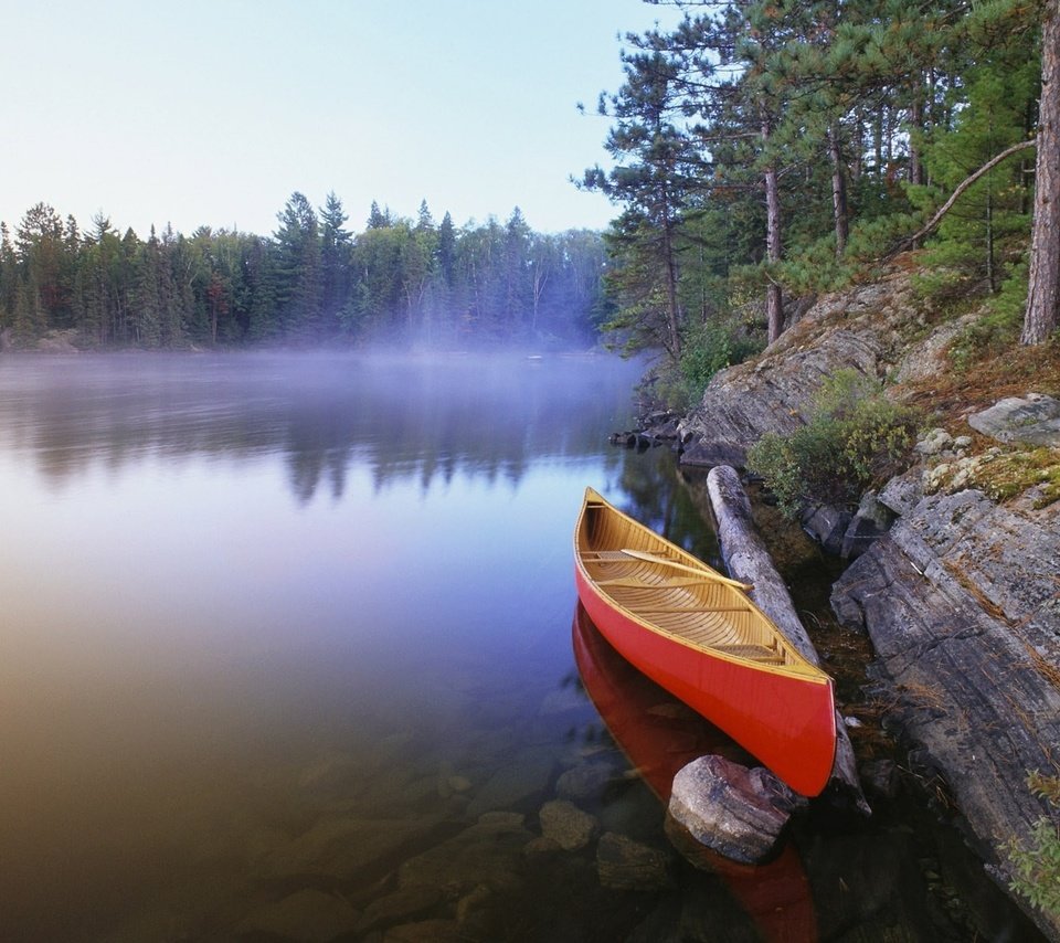 Обои озеро, лес, лодка, каноэ, lake, forest, boat, canoeing разрешение 1920x1200 Загрузить