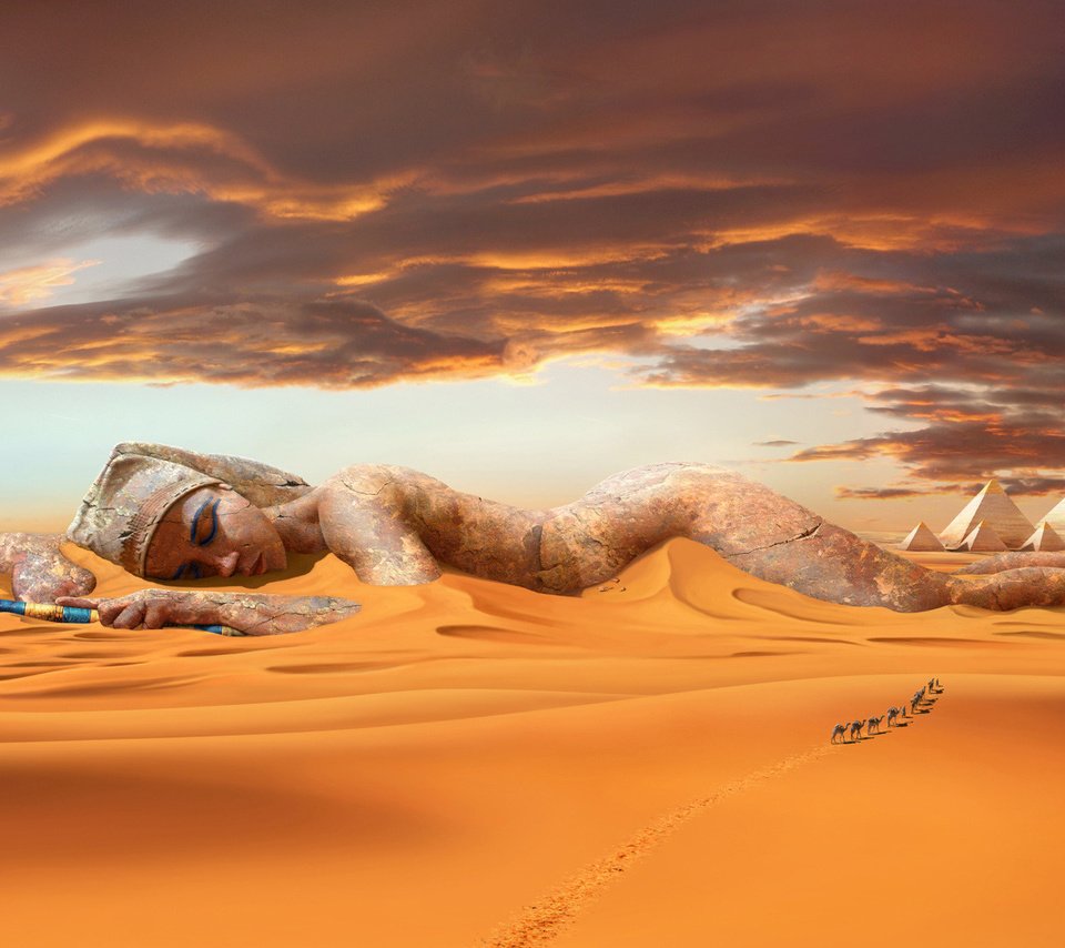 Обои песок, пустыня, статуя, дюны, караван, верблюды, пирамиды, sand, desert, statue, dunes, caravan, camels, pyramid разрешение 1920x1080 Загрузить