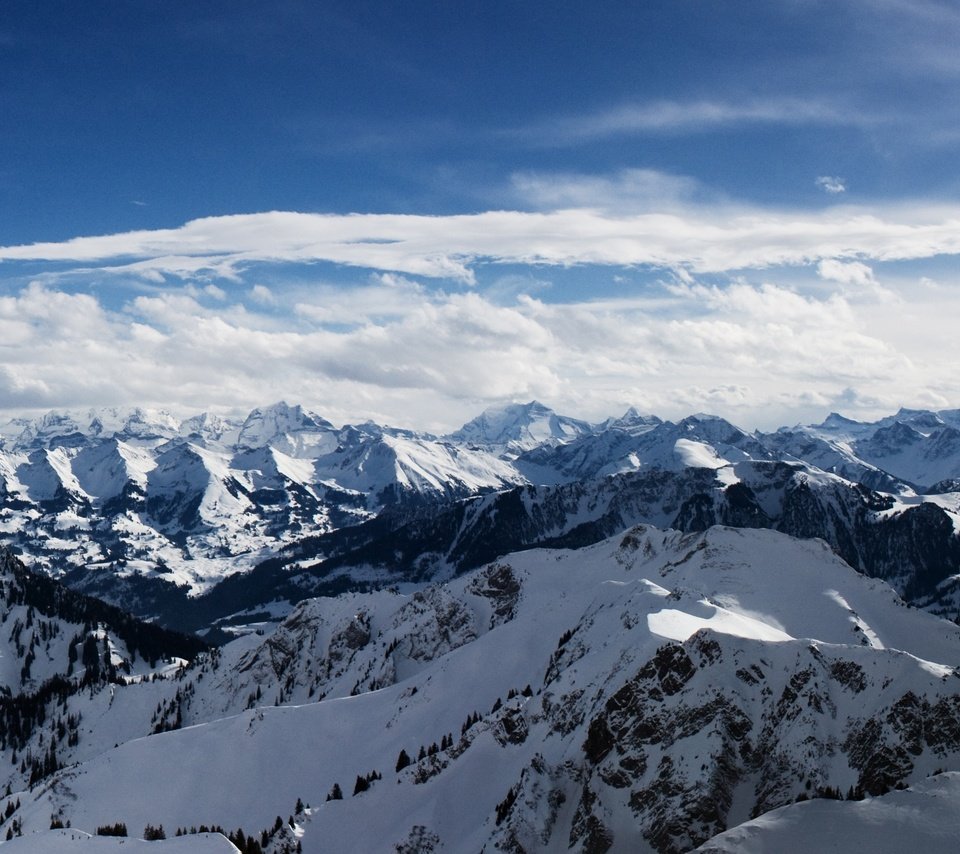 Обои небо, горы, снег, альпы, the sky, mountains, snow, alps разрешение 5120x1600 Загрузить