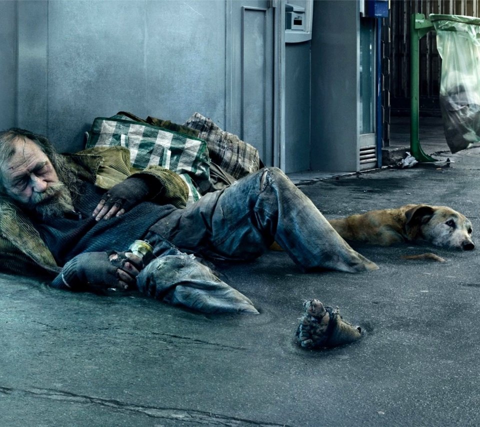 Обои человек, собака, улица, нищий, бездомный, people, dog, street, beggar, homeless разрешение 1920x1200 Загрузить