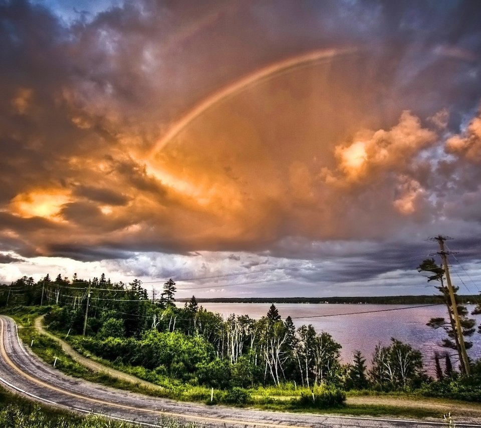 Обои дорога, облака, деревья, радуга, road, clouds, trees, rainbow разрешение 1920x1200 Загрузить
