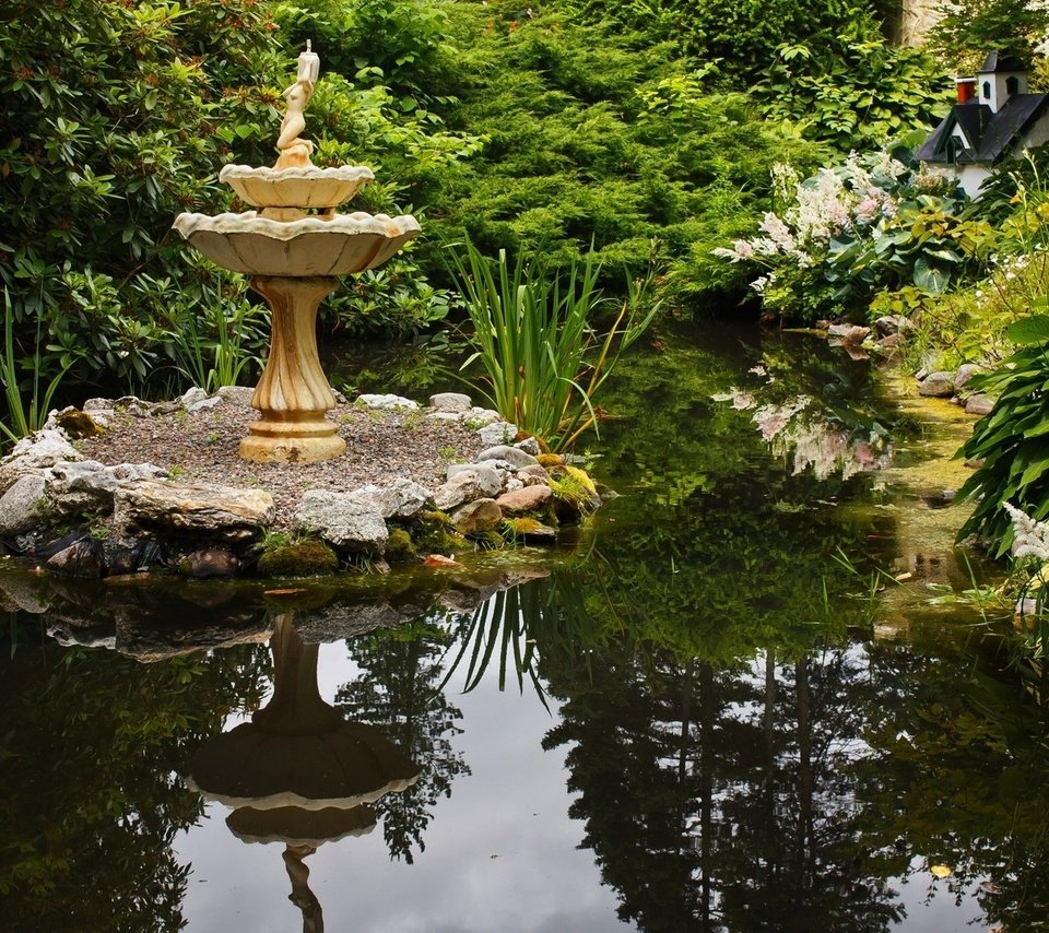 Обои зелень, фонтан, пруд, greens, fountain, pond разрешение 1920x1200 Загрузить