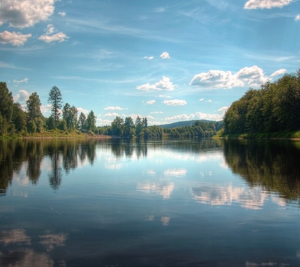 Обои небо, лето, облака, деревья, озеро, река, природа, отражение, пейзаж, the sky, summer, clouds, trees, lake, river, nature, reflection, landscape разрешение 1920x1080 Загрузить