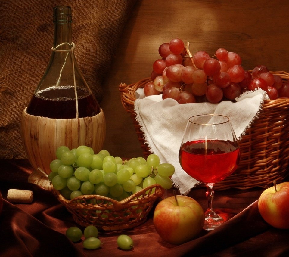 Обои виноград, яблоки, бокал, корзина, вино, бутылка, вина, grapes, apples, glass, basket, wine, bottle разрешение 1920x1080 Загрузить