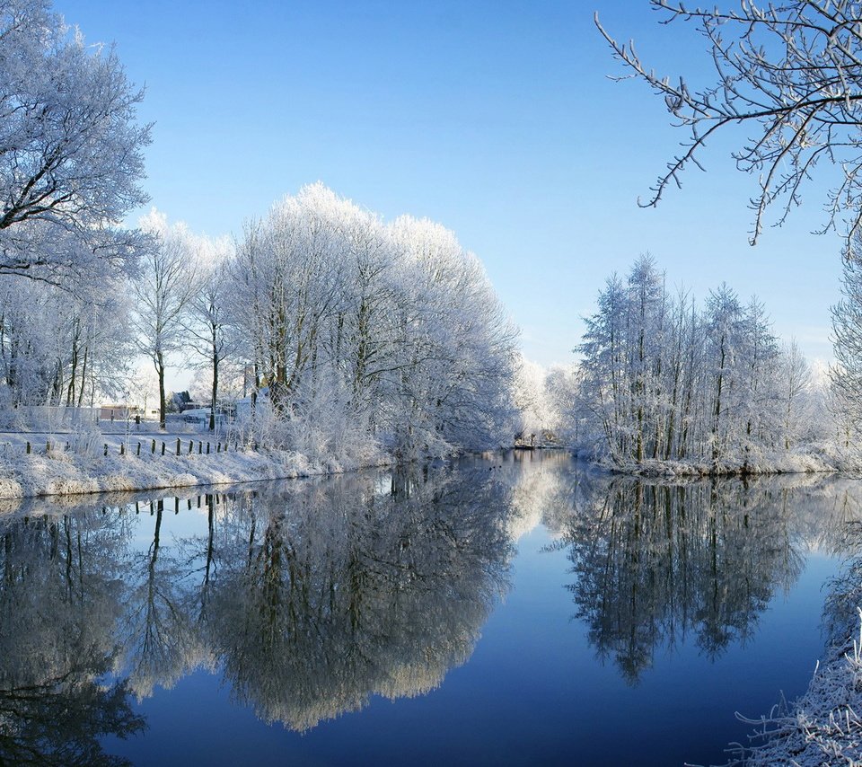 Обои деревья, снег, зима, отражение, пруд, trees, snow, winter, reflection, pond разрешение 1920x1080 Загрузить