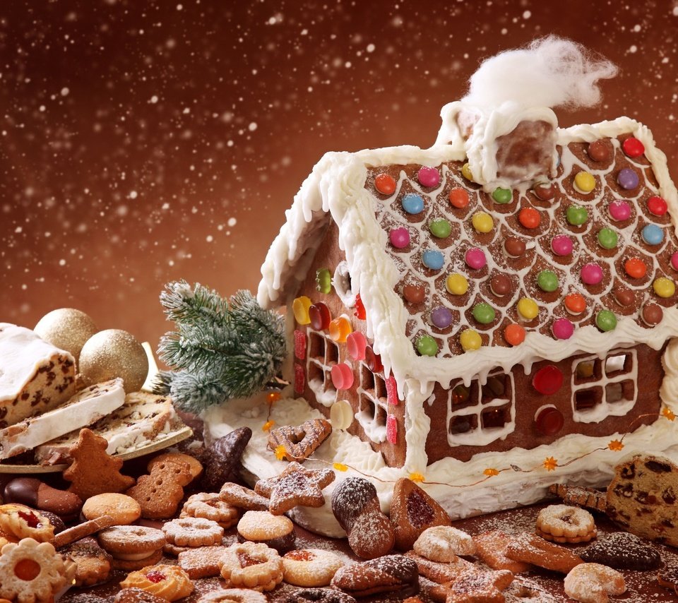 Обои новый год, пряники, сладости, пряничный домик, праздник, сладкий домик, рождество, порошок, печенье, выпечка, бисквит, снегопад, new year, gingerbread, sweets, gingerbread house, holiday, sweet house, christmas, powder, cookies, cakes, biscuit, snowfall разрешение 1920x1280 Загрузить