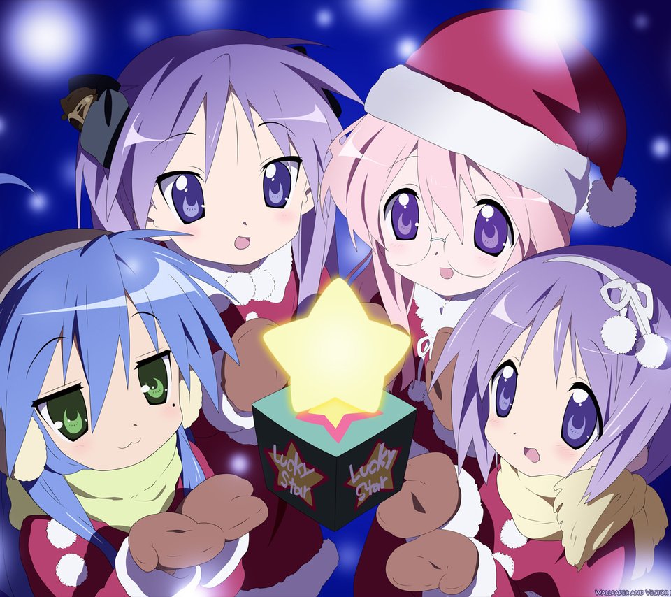 Обои lucky star, izumi konata, hiiragi tsukasa, hiiragi kagami, takara miyuki, елочная, christmas разрешение 1920x1200 Загрузить