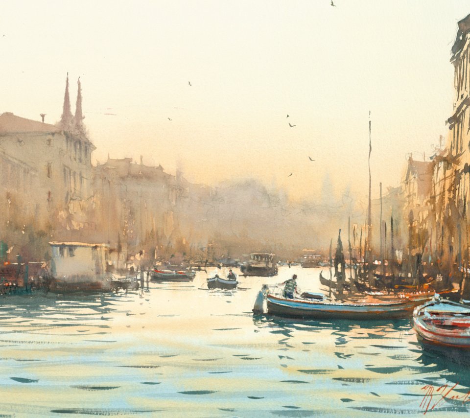 Обои рассвет, лодки, венеция, акварель, каналы, dawn, boats, venice, watercolor, channels разрешение 2134x1422 Загрузить