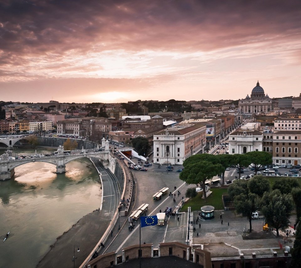 Обои река, восход, панорама, мост, италия, рим, river, sunrise, panorama, bridge, italy, rome разрешение 2560x1600 Загрузить