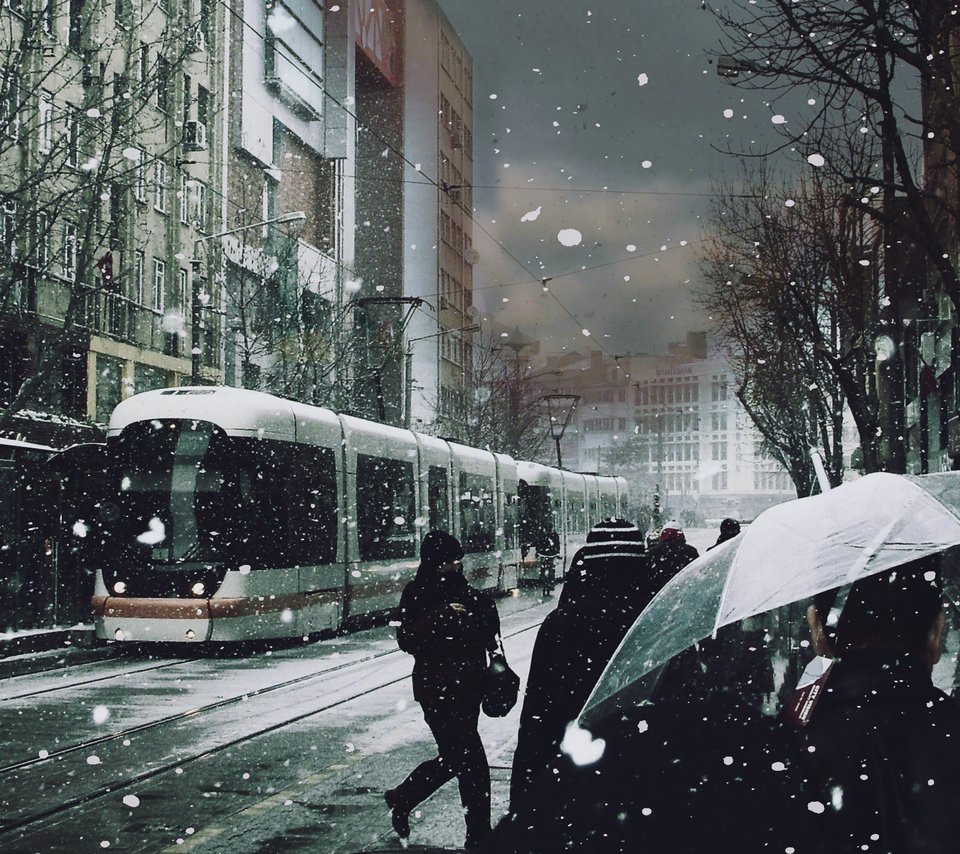 Обои снег, люди, трамвай, зонты, snow, people, tram, umbrellas разрешение 1920x1200 Загрузить