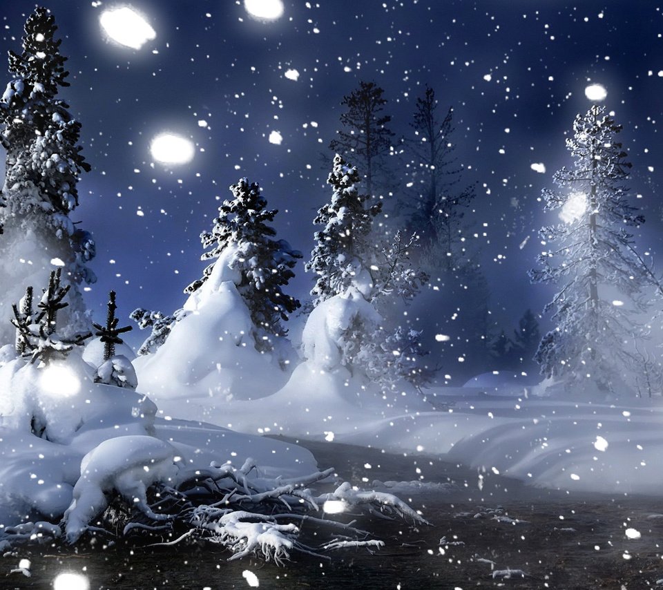 Обои ночь, снег, лес, зима, елочки, night, snow, forest, winter, christmas trees разрешение 1920x1200 Загрузить