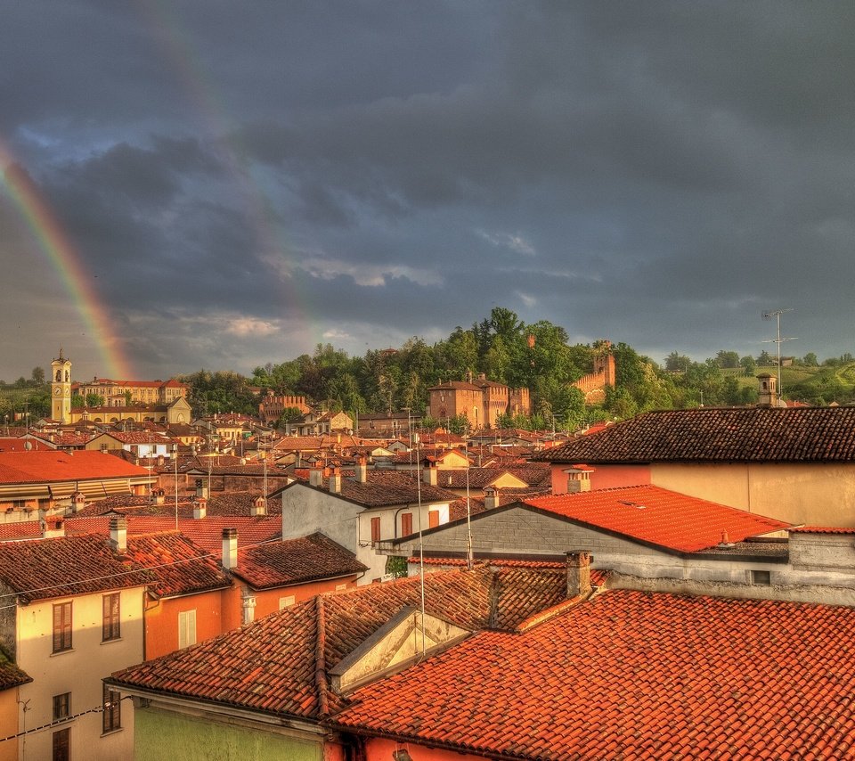 Обои радуга, здания, крыши, rainbow, building, roof разрешение 3629x2412 Загрузить