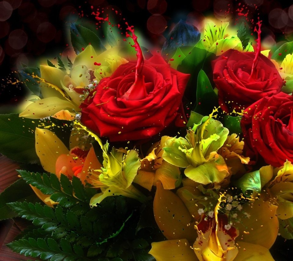 Обои цветы, розы, краски, блики, листочки, букет, rozy, buket, bryzgi, flowers, roses, paint, glare, leaves, bouquet разрешение 1920x1200 Загрузить