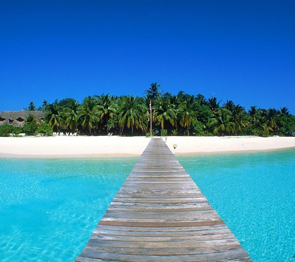 Обои песок, пляж, пальмы, океан, остров, тропики, мальдивы, sand, beach, palm trees, the ocean, island, tropics, the maldives разрешение 1920x1080 Загрузить