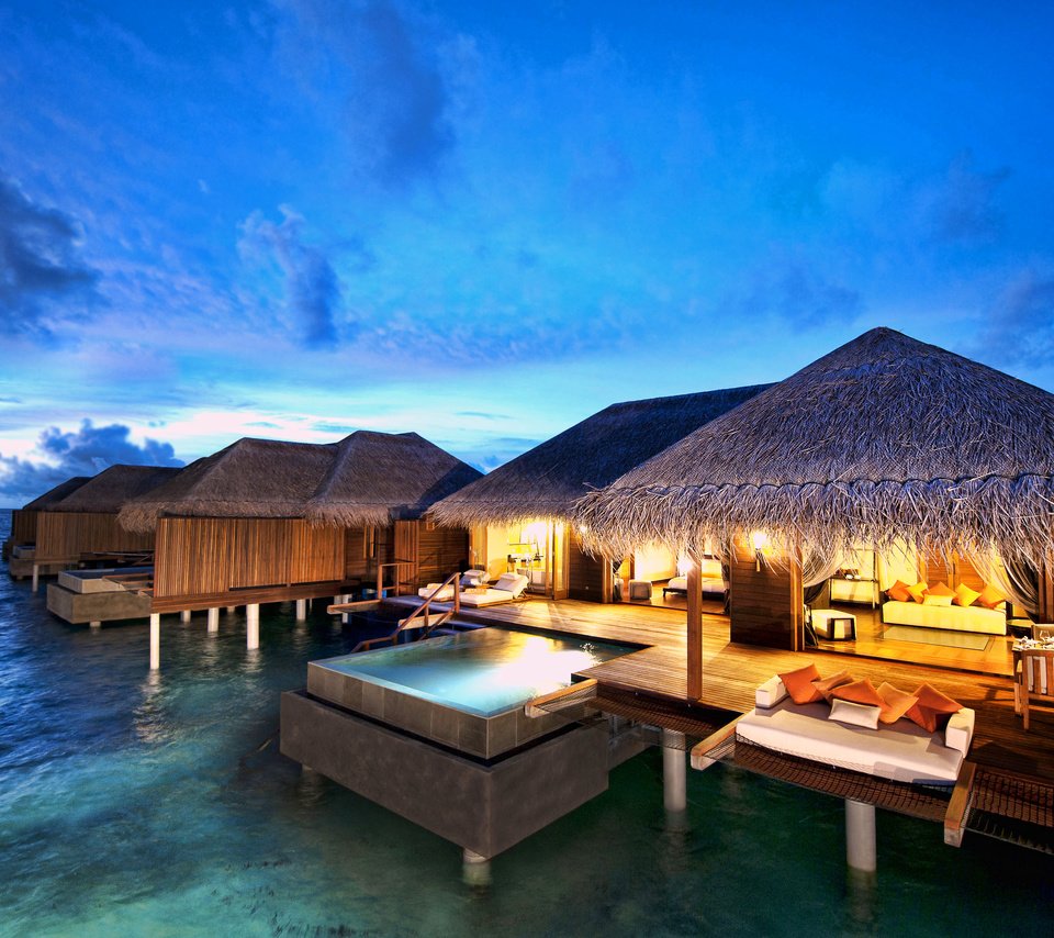 Обои вечер, бунгало, тропики, мальдивы, the evening, bungalow, tropics, the maldives разрешение 3947x2626 Загрузить