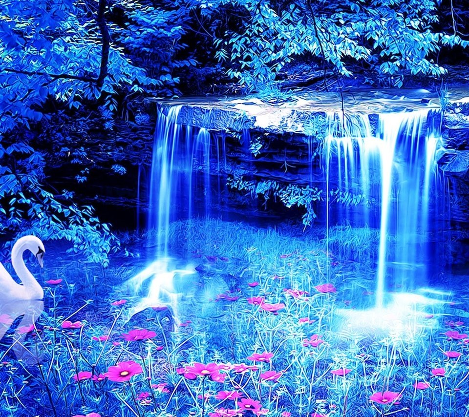 Обои цветы, водопад, лебедь, 3д, flowers, waterfall, swan, 3d разрешение 1920x1200 Загрузить