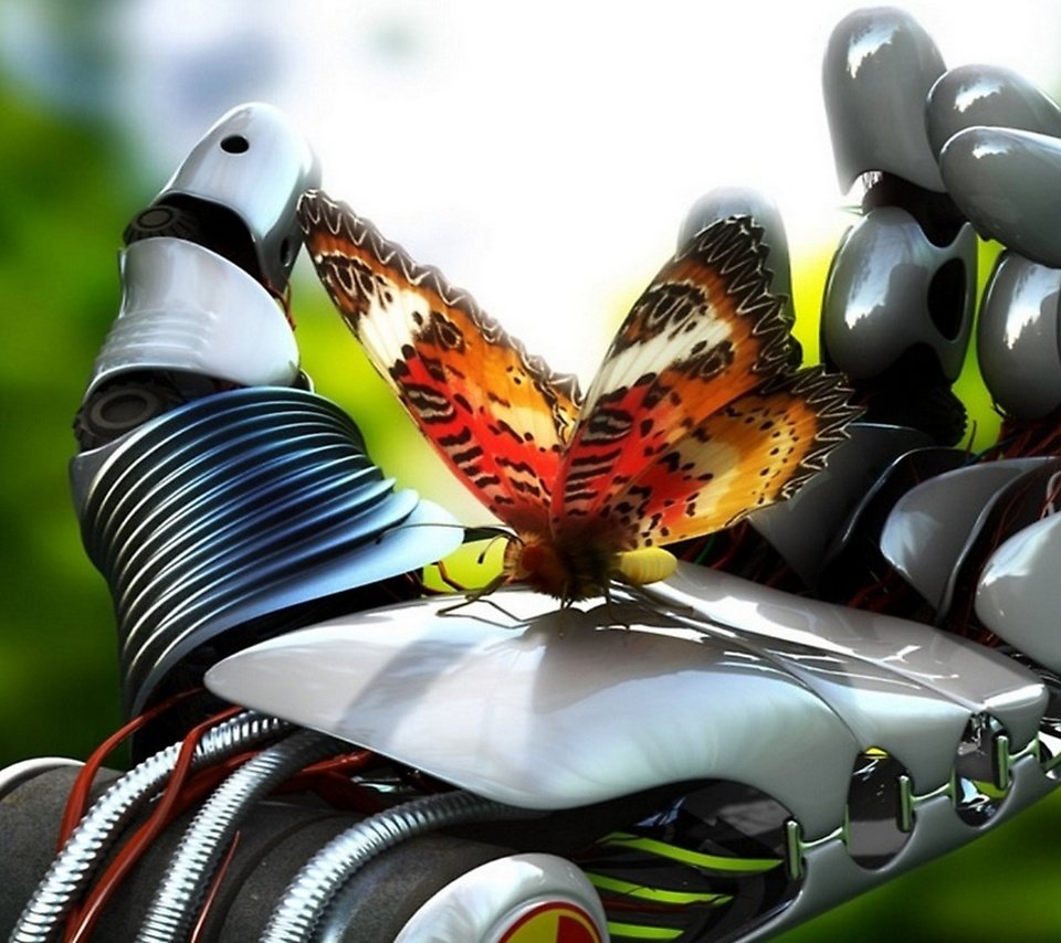 Обои бабочка в ладони робота, butterfly in the palm of the robot разрешение 1920x1080 Загрузить