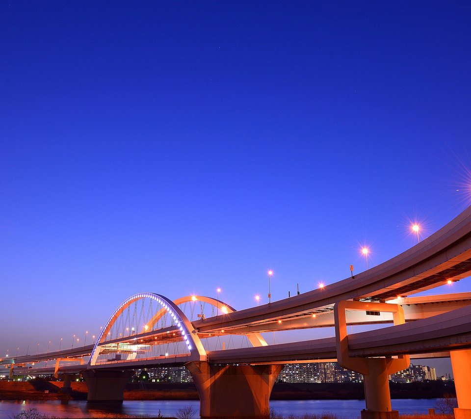 Обои ночь, фонари, огни, мост, япония, залив, синее, йокогама, night, lights, bridge, japan, bay, blue, yokohama разрешение 1920x1080 Загрузить