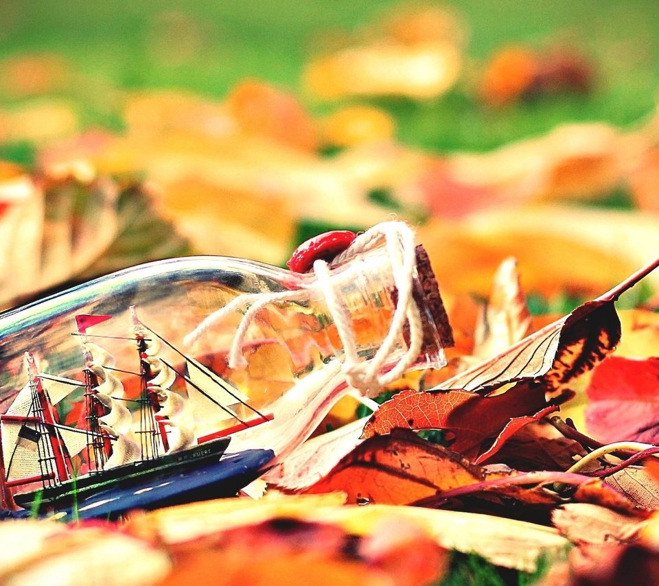 Обои листья, настроение, осень, бутылка, кораблик, leaves, mood, autumn, bottle, boat разрешение 1920x1200 Загрузить