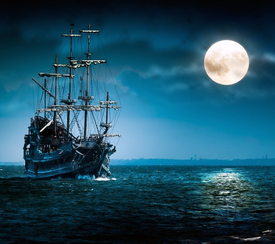 Обои море, корабль, луна, sea, ship, the moon разрешение 2560x1600 Загрузить